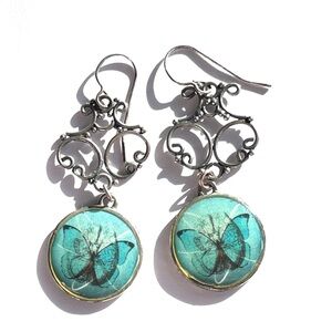 Vintage Turquoise Resin Butterfly Earrings Silver Tone Sterling Filigree